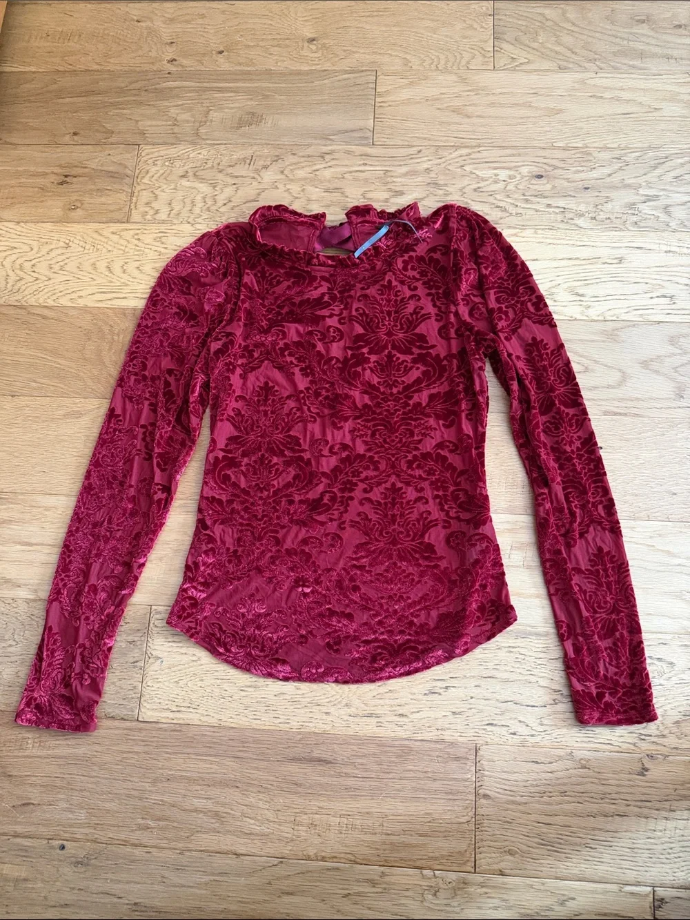 S - Anthropologie-Deep Burgundy Burnout Velvet Long-Sleeve Top with Lace-Up Back